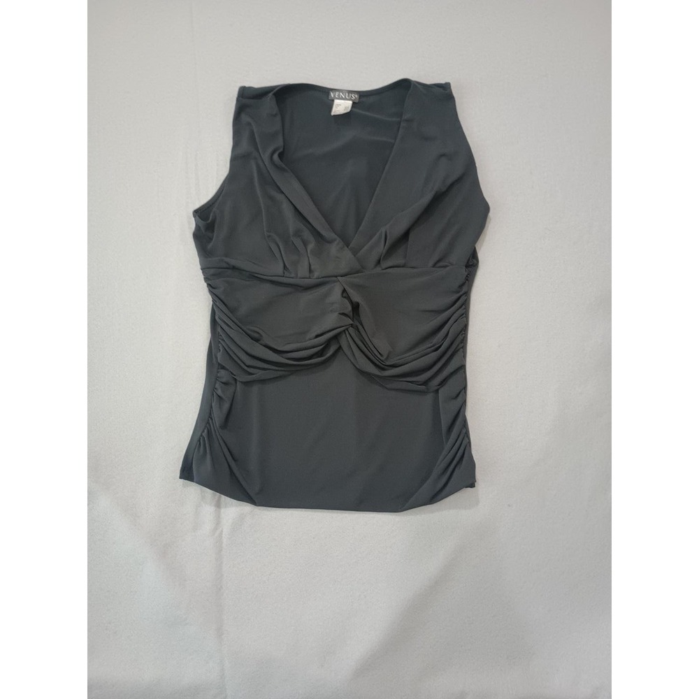 VENUS women’s black sleeveless ruched V-neck top, size Large